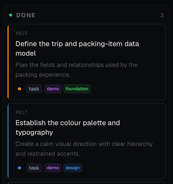 Done column with tickets 016, Define the trip and packing-item data model, and 017, Establish the colour palette and typography